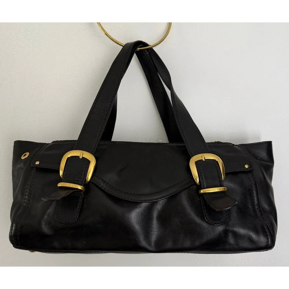 Vintage Michael Kors Black Leather Shoulder Bag with Gold Buckles